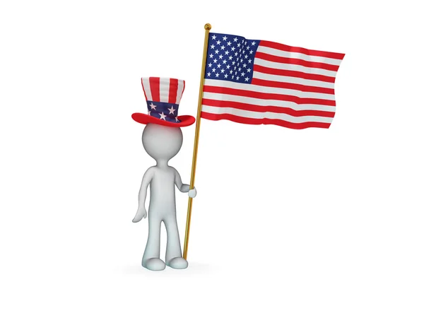 Pequena pessoa com bandeira americana e chapéu do tio Sam . — Fotografia de Stock