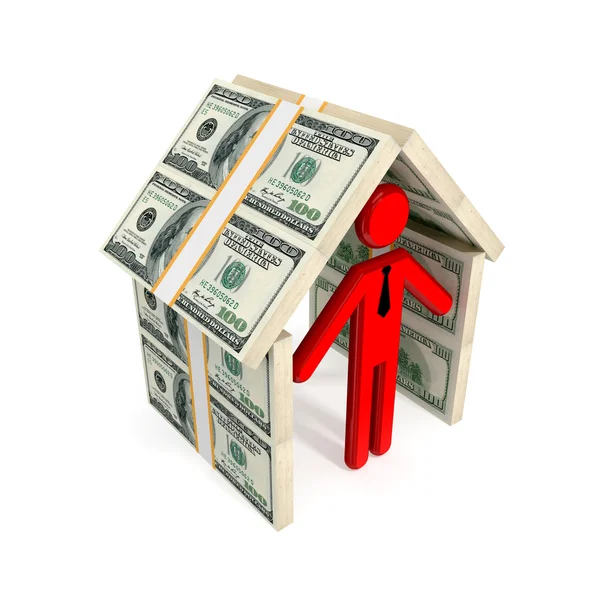 3D small person under the roof made of money. — Stock Photo, Image