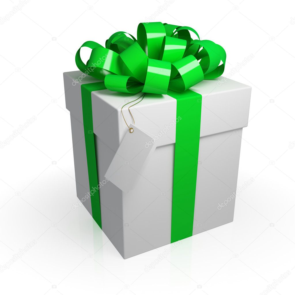 White gift box with a green ribbon.