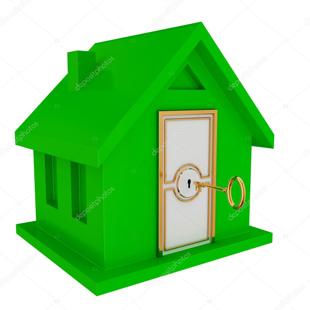 Green house with white door and vintage golden key.