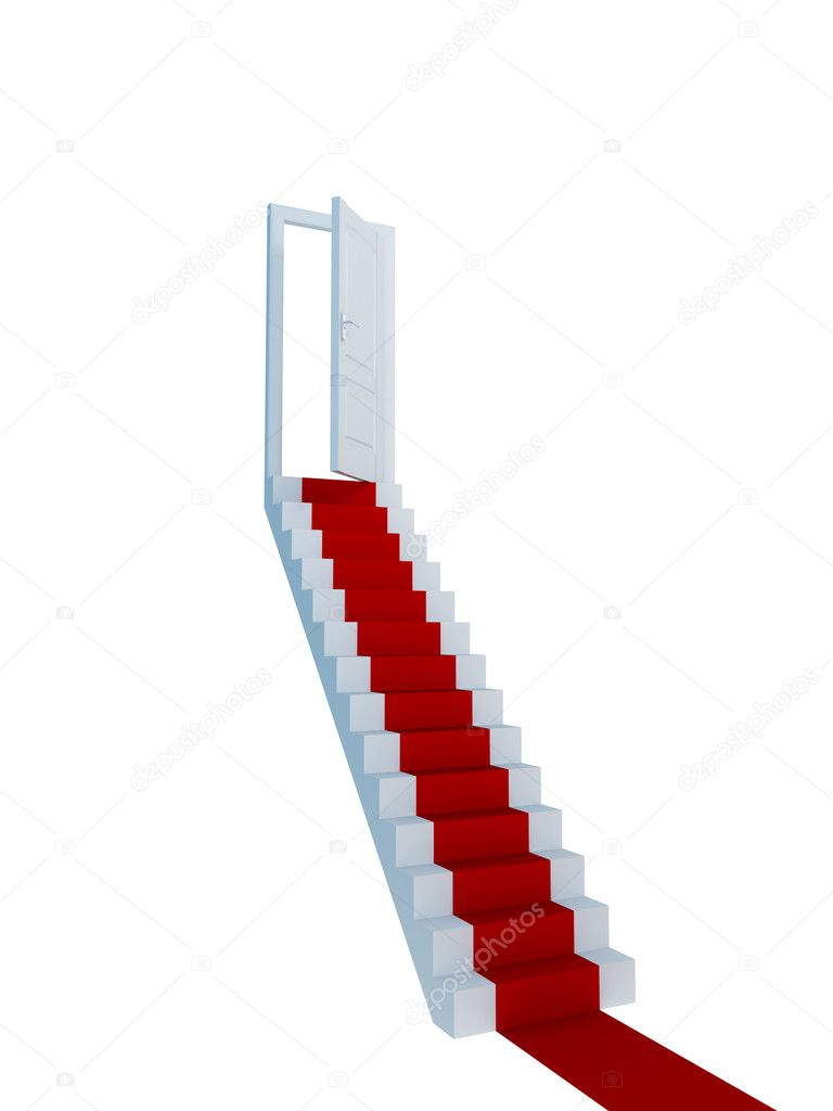 Stairway with a red carpet and opened door.