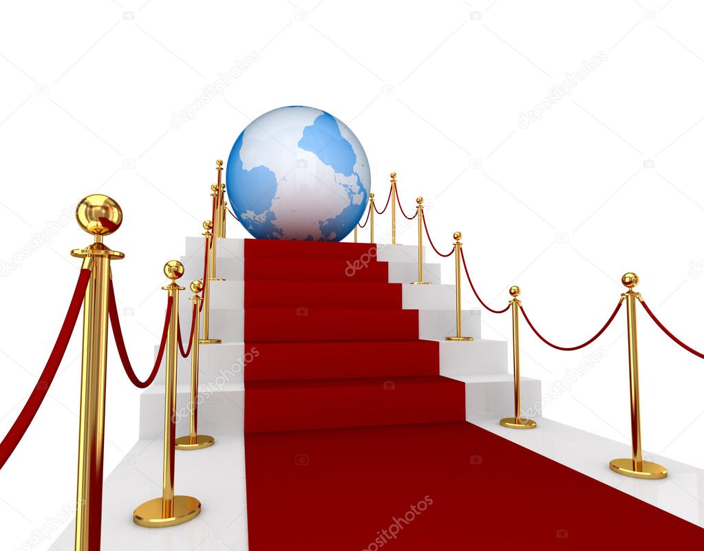 Red carpet on a stairs and Earth.