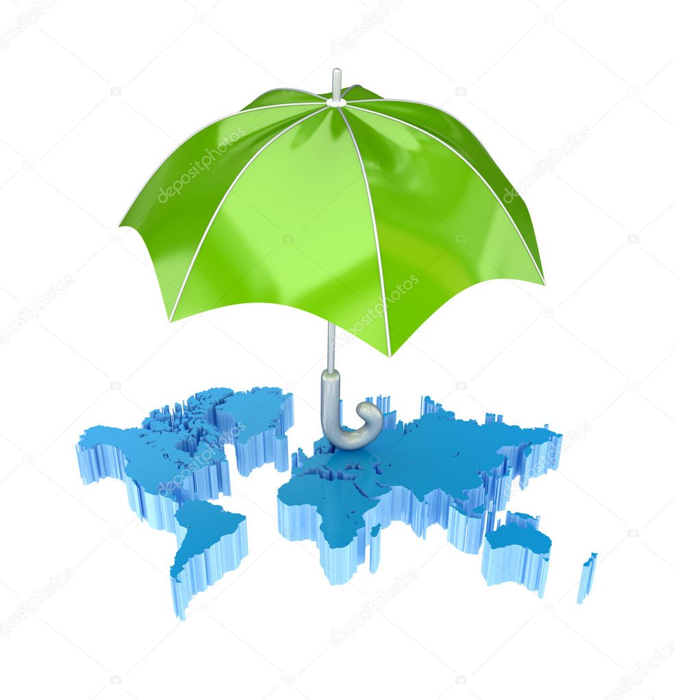 Map of the world and big green umbrella.