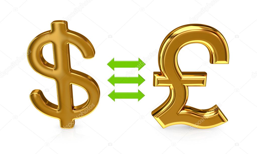 Dollar sign and pound sterling sign merged with a green arrows.