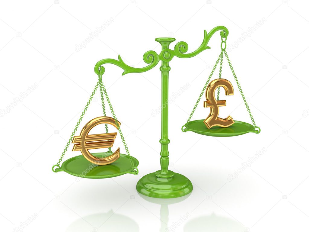 Golden euro and pound sterling signs on a green scales.
