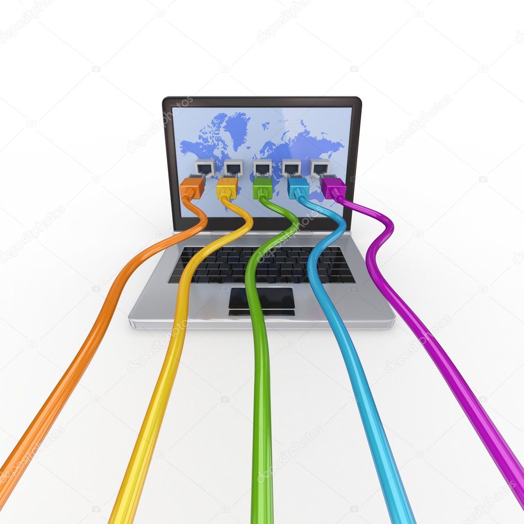 Colorful patch cords connected to modern notebook.