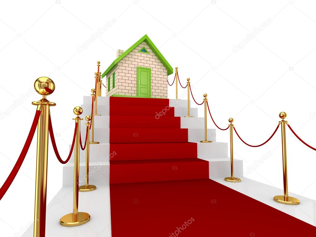 Red carpet on a stairs and small house.