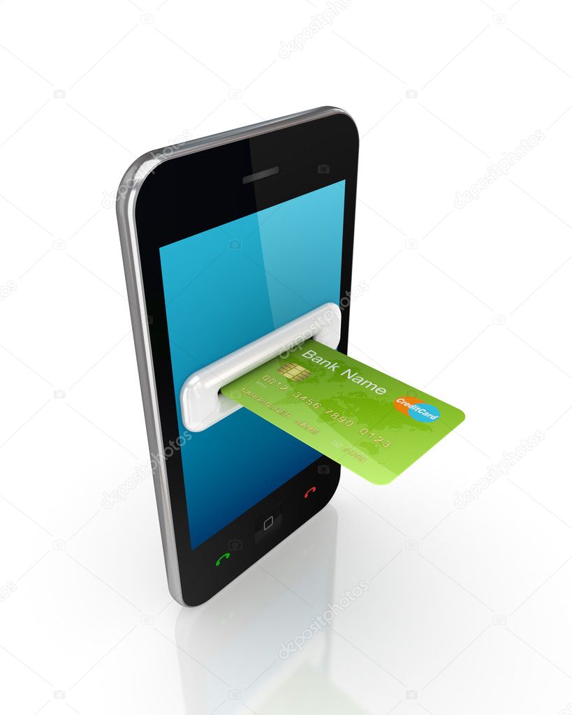 Green credit card and modern mobile phone.