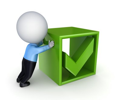 3d small person pushing a green tick mark. clipart