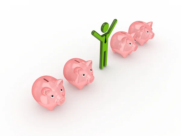 3d small person between pink piggy banks. — Stock Photo, Image