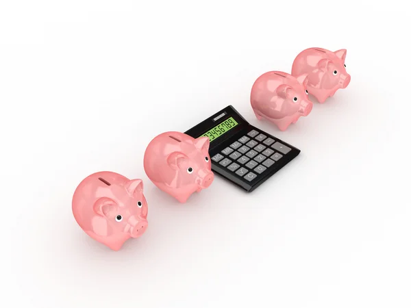 Velké kalkulačka mezi růžové Prasátko Bank. — Stock fotografie