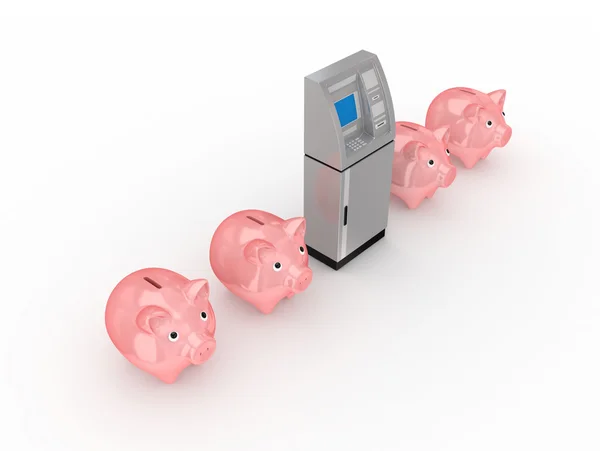 Geldautomat zwischen rosa Sparschweinen. — Stockfoto