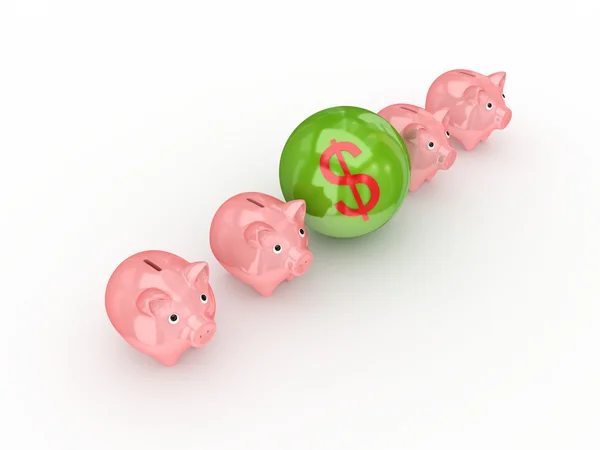 Sinal de dólar entre bancos piggy rosa . — Fotografia de Stock