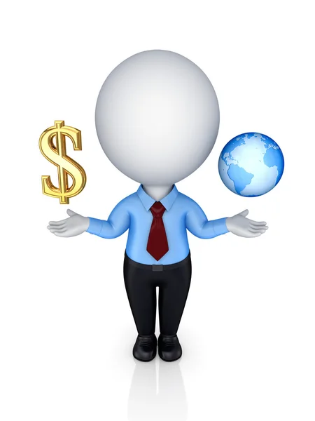 3D-kleine persoon met een dollarteken en de planeet aarde. — Stockfoto