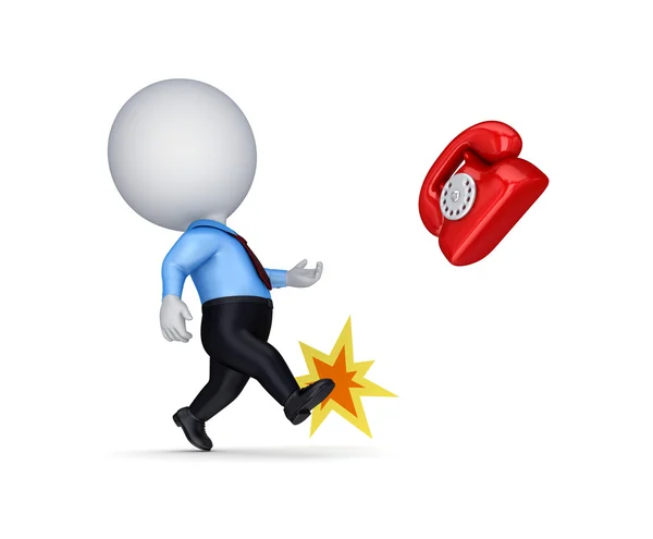 3d small person kicking a red vintage telephone. — Stock Photo, Image