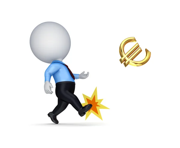 3d small person kicking a golden euro sign. — Stock Photo, Image