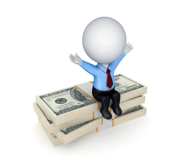3d small person with a big pack of dollars in a hands. — Stock Photo, Image