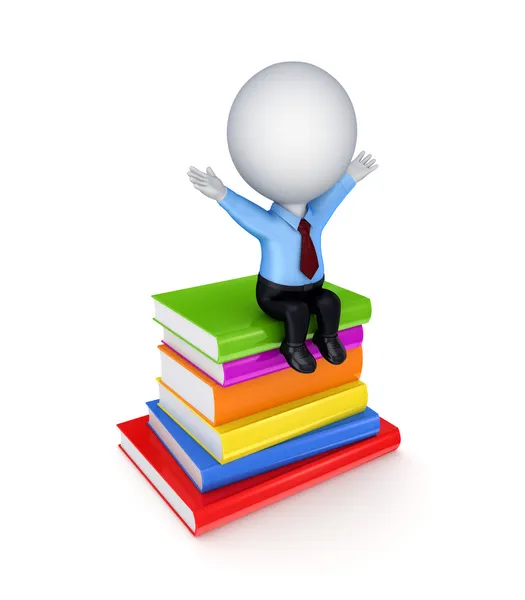 3d small person sitting on a stack of books. — Stock Photo, Image