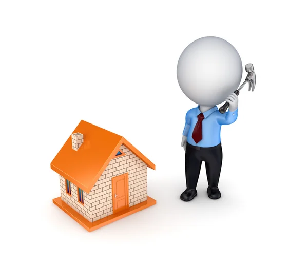 3D osoba s kladivem v ruce a malý dům. — Stock fotografie