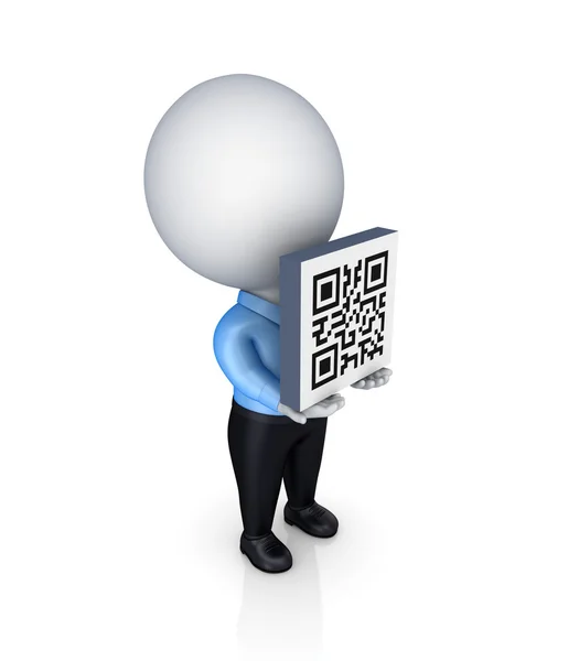 3d small person with a QR code in a hands. — Stock Photo, Image