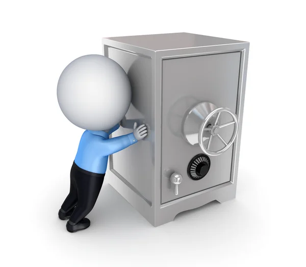 3d small person pushing an iron safe. — Stock Photo, Image