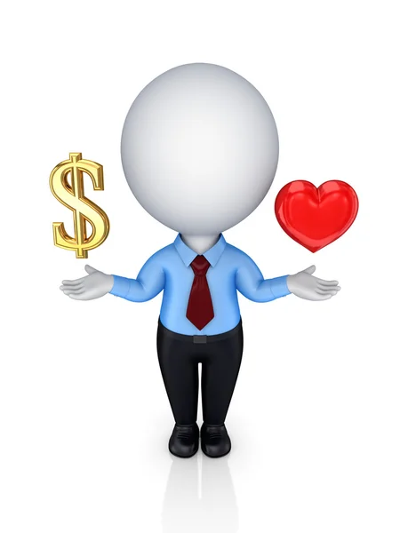 3d kleine Person mit einem Dollarzeichen und rotem Herz. — Stockfoto