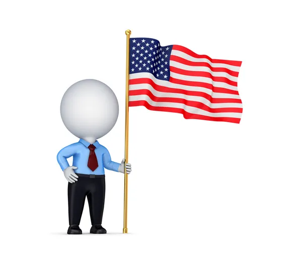 3D-kleine persoon met Amerikaanse vlag in een hand. — Stockfoto