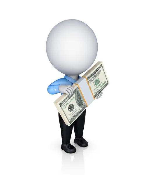 3d small person with a big pack of dollars in a hands. — Stock Photo, Image