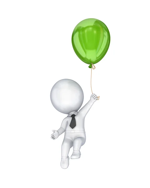 3D liten person som flyger med en grön luftballong. — Stockfoto