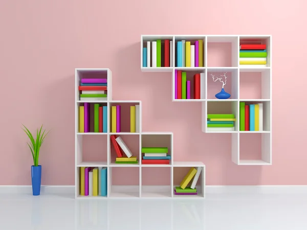 Renkli bir kitap ile beyaz bookshelf. — Stok fotoğraf