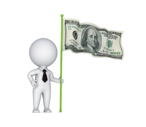 3D-kleine persoon met een vlag van de dollar in een hand. — Stockfoto