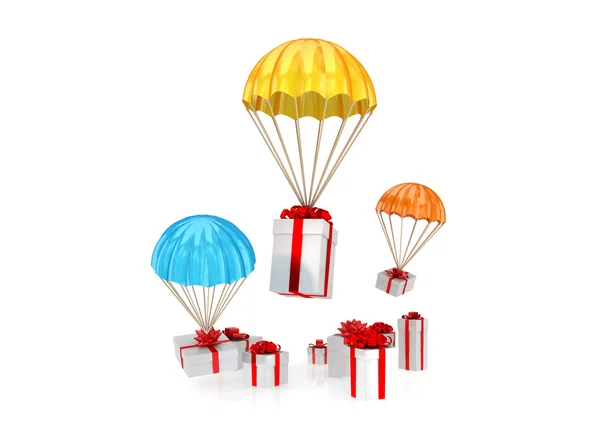 Gift boxes flying with a colorful parachutes. — Stock Photo, Image