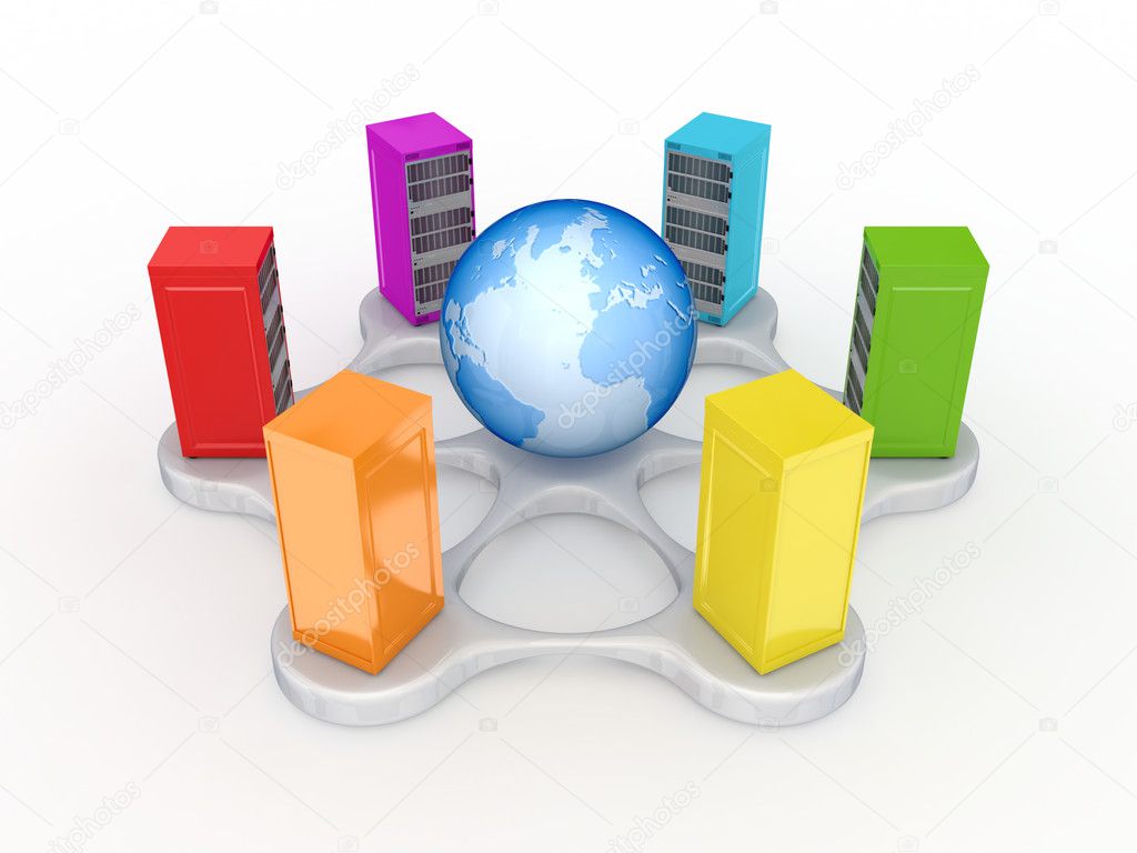Colorful servers around globe.