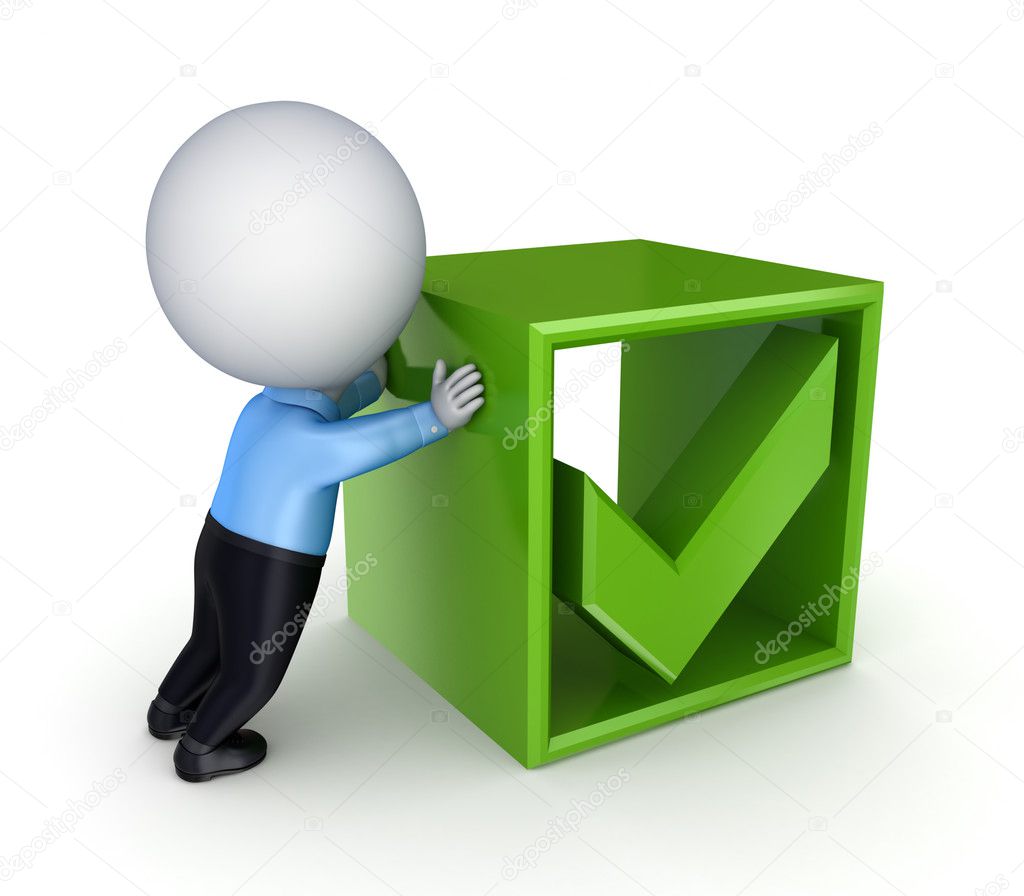 3d small person pushing a green tick mark.