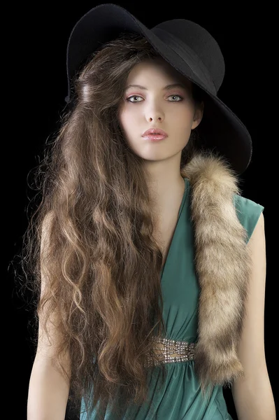 Kürk ve şapka ile sofistike ladyportrait — Stok fotoğraf