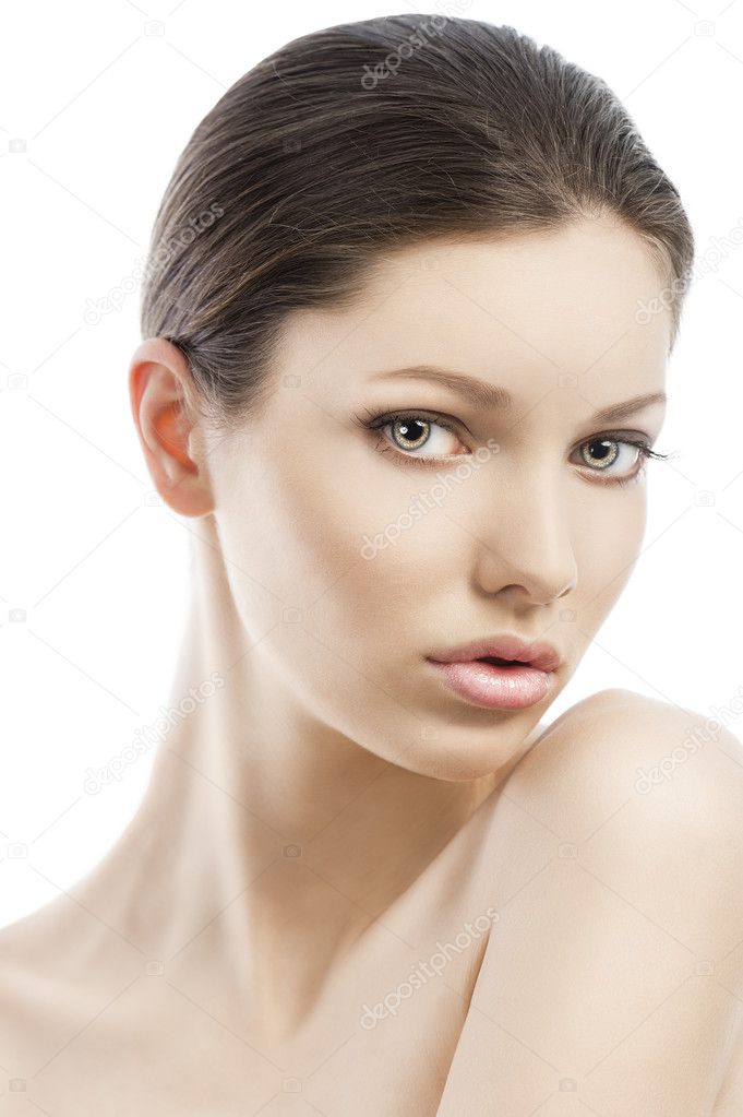 Beauty style face shot, her face is near the left shoulder