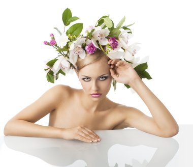 Pretty blond with flower crown on head, she is in front of the c clipart