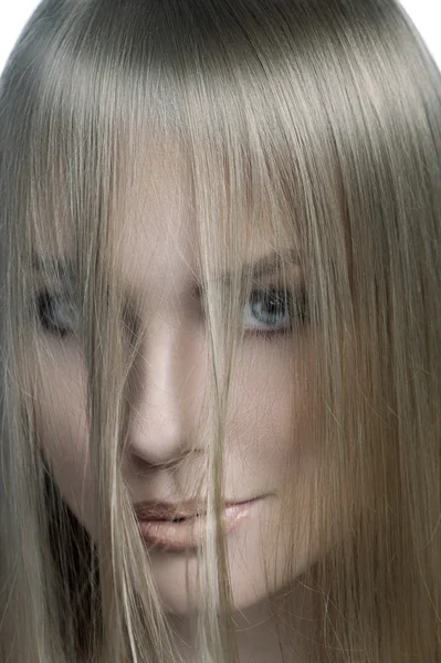 Mosolygó lány arca, haja, amely — Stock Fotó