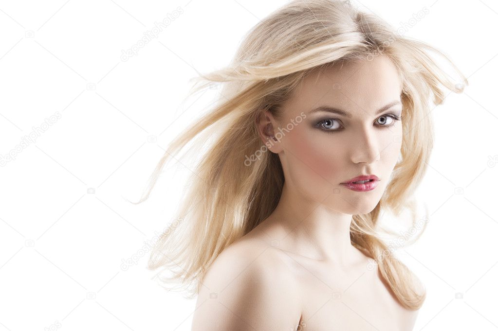 Sensual pretty woman with flying hair, she is turned of three qu