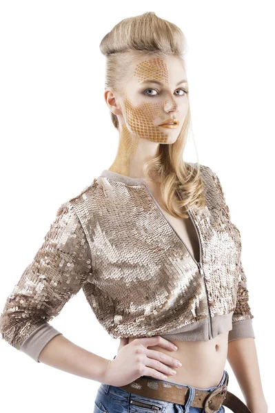 De glinsterende pailletten-creatieve make-up meisje, heeft ze de hand op — Stockfoto
