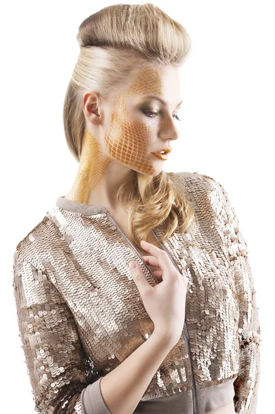 The sequin glittering creative make up girl, she looks down — Stock Photo, Image