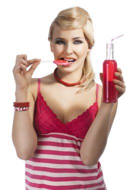 Fashion summer girl drinking, sh bites the lollipop clipart