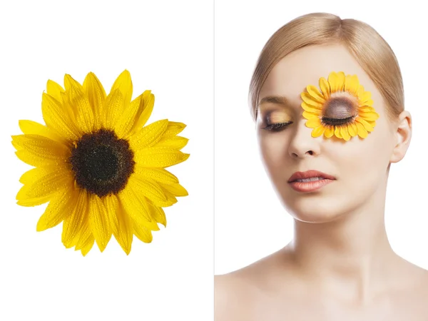 Das florale Make-up, sie wird zu drei Vierteln — Stockfoto