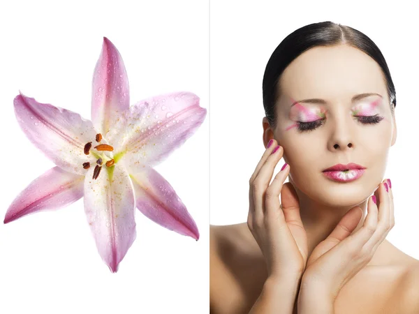 Das florale Make-up, sie wird zu drei Vierteln — Stockfoto