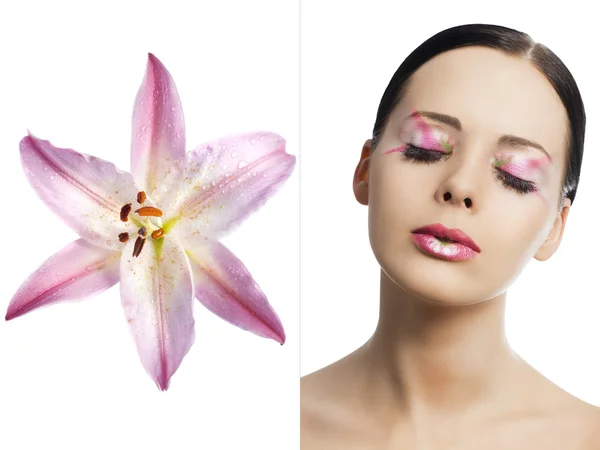 The floral makeup, she is turned of three quarters — Stock Photo, Image