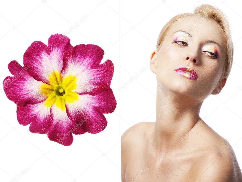 The floral makeup, she is turned of three quarters
