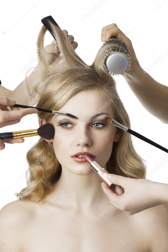 In beauty salon, the girl looks at right