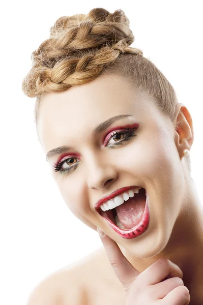 Die Wassermelonenfarben auf dem Make-up, ihr Mund ist offen — Stockfoto
