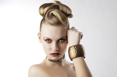 Fashion girl with leopard makeup with right hand near the face clipart