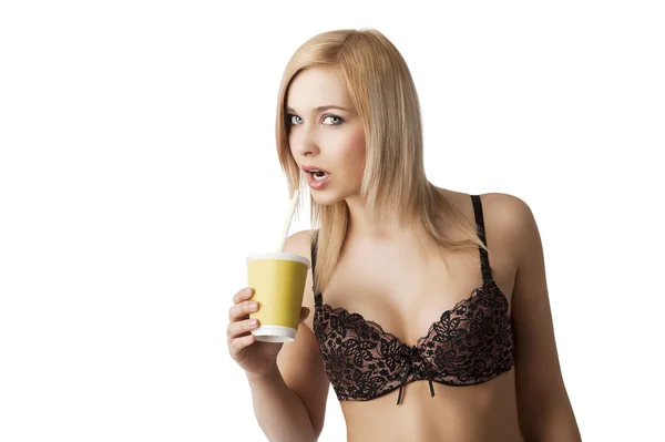 Drinking girl in lingerie her mouth is open — Stock Photo, Image